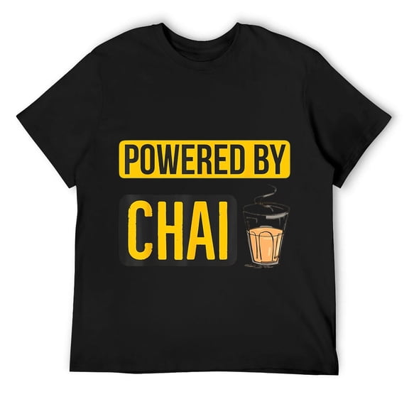 Mens Powered By Chai Funny Desi Hindi Indian Pakistani Design T-Shirt Black S