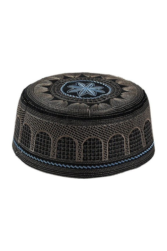 Mens Prayer Hat Skull Structured Turkish Beanie Embroidered Topi, Head Circumference 22 Inches - Black