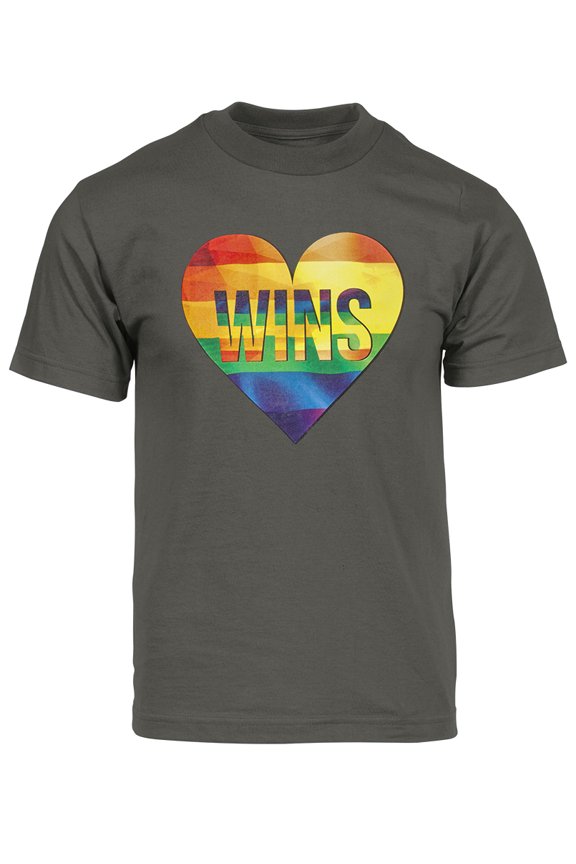 Mens Pride Love Wins Rainbow Heart Short-Sleeve T-Shirt - Dark Grey - Small
