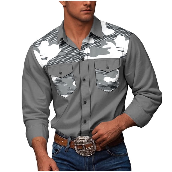 Mens Printed Dress Shirts Long Sleeve Regular Fit Button Down Shirt Casual Double Pockets Workwear Shirt Blouse