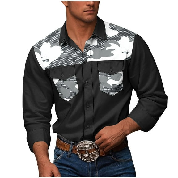 Mens Printed Dress Shirts Long Sleeve Regular Fit Button Down Shirt Casual Double Pockets Workwear Shirt Blouse