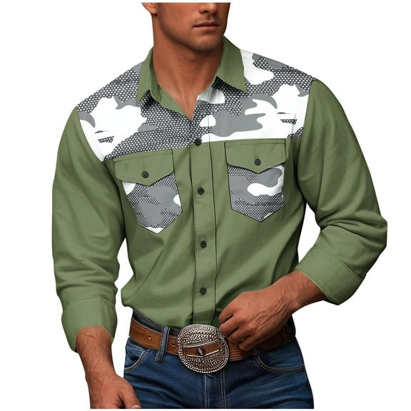 Mens Printed Dress Shirts Long Sleeve Regular Fit Button Down Shirt Casual Double Pockets Workwear Shirt Blouse