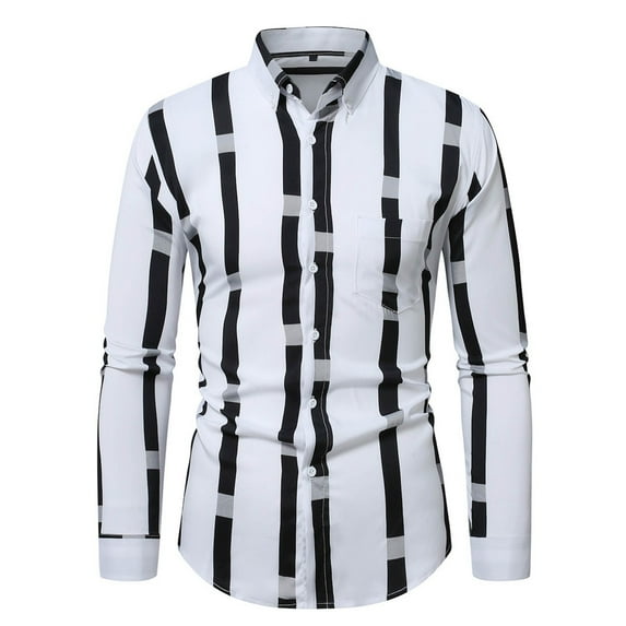 Mens Printed Dress Shirts Long Sleeve Regular Fit Button Down Shirt White L