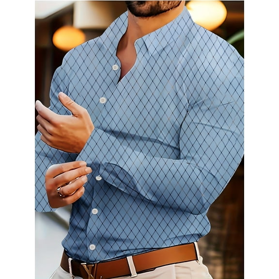 Mens Printed Dress Shirts Pattern Long Sleeve Button Down Business Regular Fit Casual Formal Work Shirts Blue M