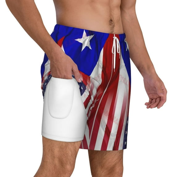Mens Puerto-Rico-America-Flag Swimming Trunks with Compression Liner Beach Quick Dry Swim Shorts