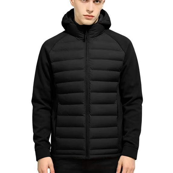 Mens Puffer Coats Turtleneck Hooded Full Zipper Solid Color Fashion Winter Warm Outerwear with pockets Black 1 L