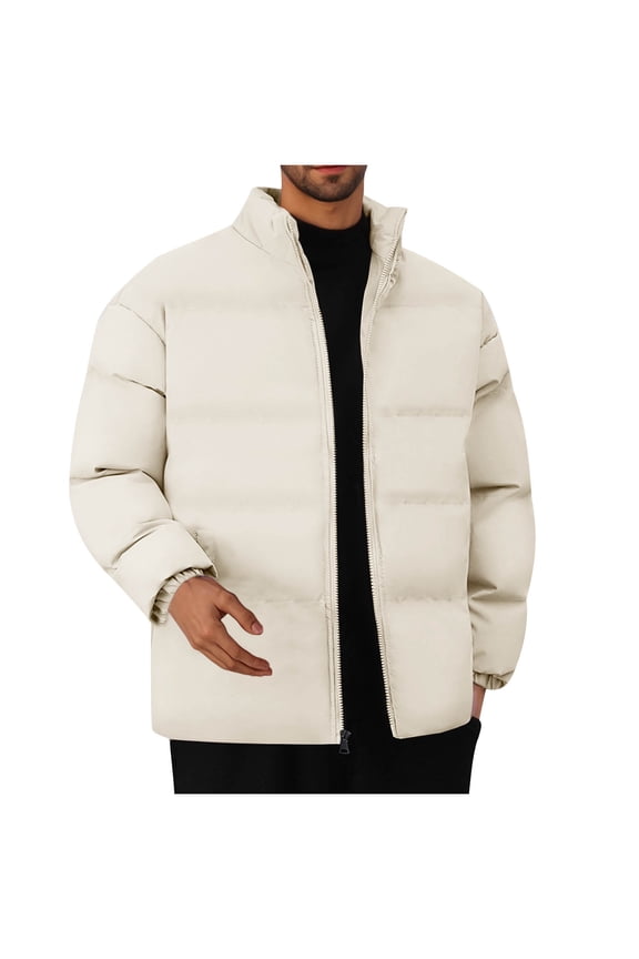 Mens Puffer Down Coat Stand Collar Winter Casual Warm Full Zip Jackets with Pockets Cotton Padded Outerwear (2XL, Khaki)
