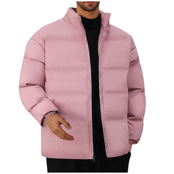 Mens Puffer Down Coat Stand Collar Winter Casual Warm Full Zip Jackets with Pockets Cotton Padded Outerwear (L, Pink)