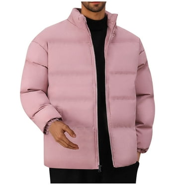 Mens Puffer Down Coat Stand Collar Winter Casual Warm Full Zip Jackets with Pockets Cotton Padded Outerwear (XL, Pink)