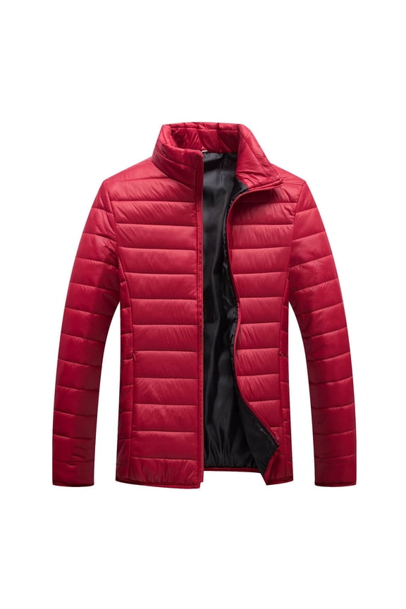 Mens Puffer Jacket Fall Winter Coat Jacket Cotton Stand Zipper Warm Winter Thick Long Sleeve Zipper Pocket Coat Jacket Mens Jackets Red M