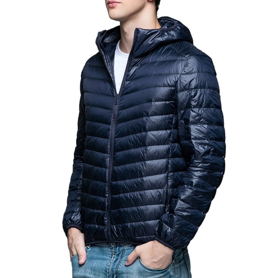 Mens Puffer Jacket Fall Winter Warm Zip Up Puffer Jacket Solid Color Padded Down Jacket Casual Thicken Relaxed Fit Plus Size Jackets Navy XL