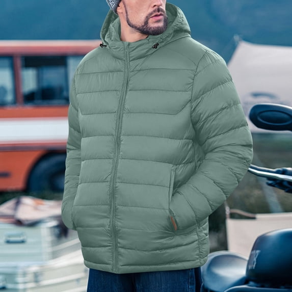 Mens Puffer Jacket Packable Lightweight Winter Warm Hooded Coat Quilted Windproof Travel Outerwear with Pockets New Light Weight Jackets Mens Mint Green S