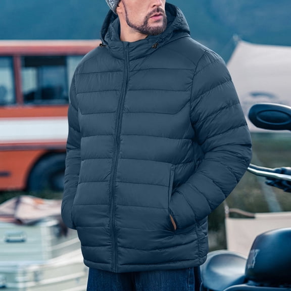 Mens Puffer Jacket Packable Lightweight Winter Warm Hooded Coat Quilted Windproof Travel Outerwear with Pockets New Light Fall Jacket Men Navy S