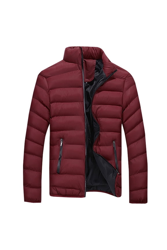 Mens Puffer Jacket Padded Zip Down Jacket Color Block Winter Warm Bubble Coat Stand Collar Packable Quilted Jackets Red 3XL