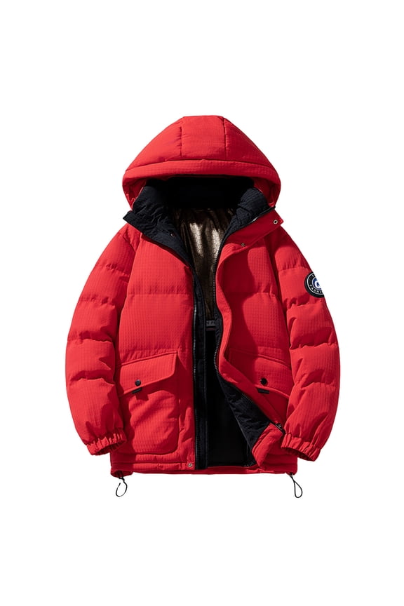 Mens Puffer Jacket Winter Warm Hooded Down Jacket Zip Up Parka Padded Outwear Relaxed Fit Puffer Jacket Men's Jackets Red XXL