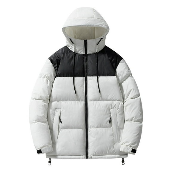 Mens Puffer Jacket Winter Warm Zip Up Hooded Puffer Jacket Thick Parka Padded Outwear Relaxed Fit Solid Color Jackets for Men White XXL