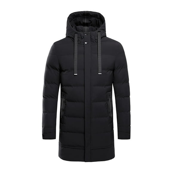 Mens Puffer Jacket Zip Up Hooded Puffer Jacket Mid Length Relaxed Fit Down Jacket Solid Color Winter Warm Parka Padded Outwear Mens Fall Jackets Black XXXXXL