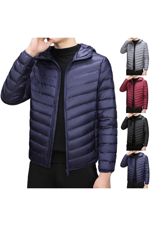 Mens Puffer Jackets Plus Size Mens Jackets Men's Winter Hooded Down Jacket Zipper Cardigan Pocket Long Sleeve Padded Jacket Coat, XL-5XL