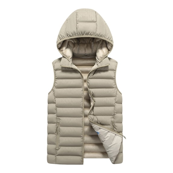 Mens Puffer Sleeveless Jackets Removable Hooded Full Zipper Fashion Casual Solid Color Winter Warm Jacket Khaki XL