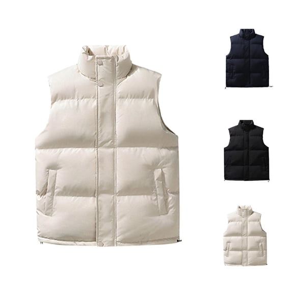 Mens Puffer Vest Dqueduo Men's Stand-Up Collar Button Cargo Pocket Zip Sleeveless Padded Jacket Beige L