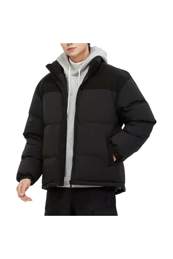 Mens Puffy Winter Coat No Hood, Full-zip Thick Cotton Padded Down Jacket Corduroy Patchwork Fashion Outerwear (M, Black)