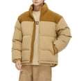 thumbnail image 1 of Mens Puffy Winter Coat No Hood, Full-zip Thick Cotton Padded Down Jacket Corduroy Patchwork Fashion Outerwear (XL, Khaki), 1 of 5