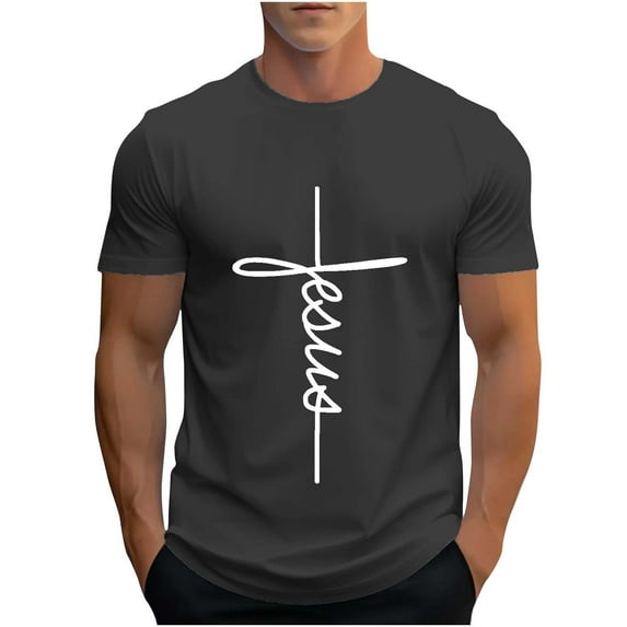 Mens Pull-On T-Shirts Simple Cross Print Crew Short Sleeve Tops Summer Casual Vacation Tee Shirts