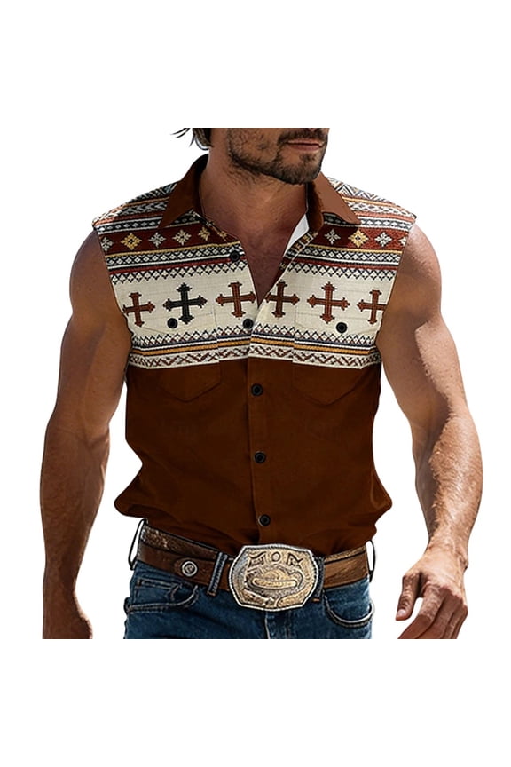 Mens Pullover Geometric Pattern Western Cowboy Sleeveless Button Down Rugby Shirt for Men,Brown,5XL