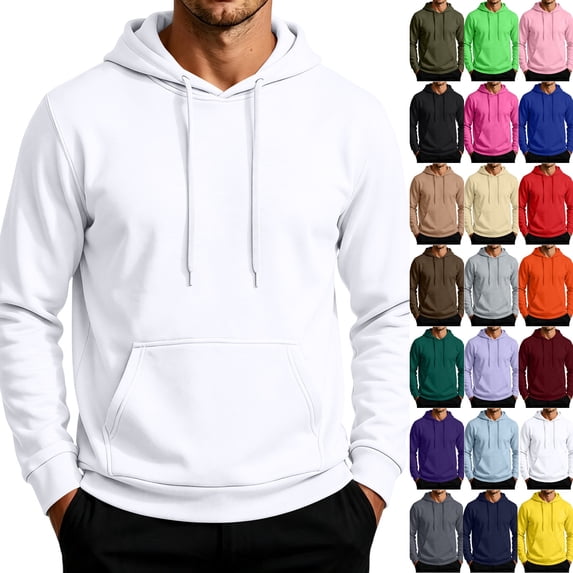 Mens Pullover Hoodie Cotton Long Sleeve Hooded Sweatshirt with Pocket | Fall Winter Solid Sweatshirt Long Sleeve Casual Pullover Tops Fashion Hoodies & Sweatshirts White S
