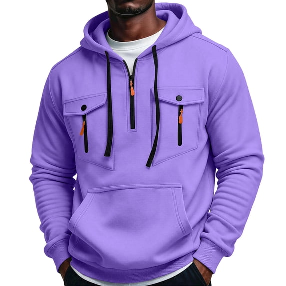 Mens Pullover Hoodie Fleece Sweatshirt Chest Zip Pockets Kangaroo Pocket Casual Hooded Top