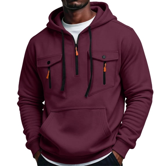 Mens Pullover Hoodie Fleece Sweatshirt Chest Zip Pockets Kangaroo Pocket Casual Hooded Top