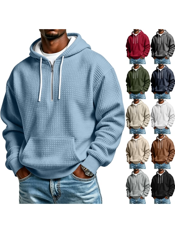Mens Pullover Hoodie Half Zip Waffle Knit Thermal Sweatshirt for Men Winter Warm Long Sleeve Drawstring Hood Front Kangaroo Pocket Ribbed Cuffs Loose Tops Khaki 3XL