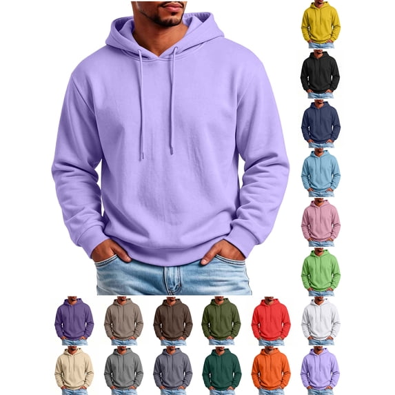 Mens Pullover Hoodie Long Sleeve Drawstring Casual Sweatshirt Solid Color Soft Basic Top