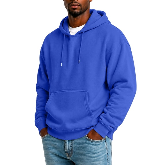 Mens Pullover Hoodie Solid Long Sleeve Casual Hooded Sweatshirt Drawstring Gym Top Front Pocket Soft Warm Cozy Top Blue XL