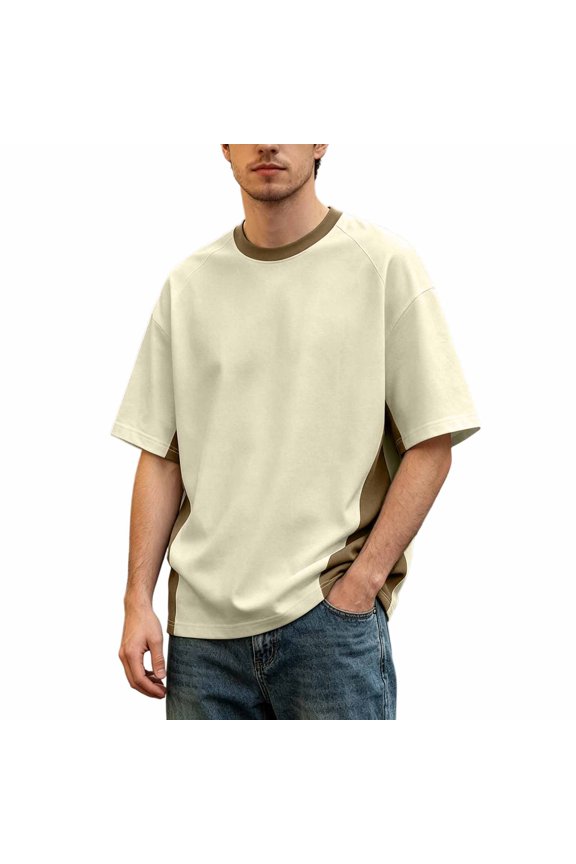 Mens Pullover Letter Print Patch Oversized Style Short Sleeve Ribbed Tops for Men,Beige,L