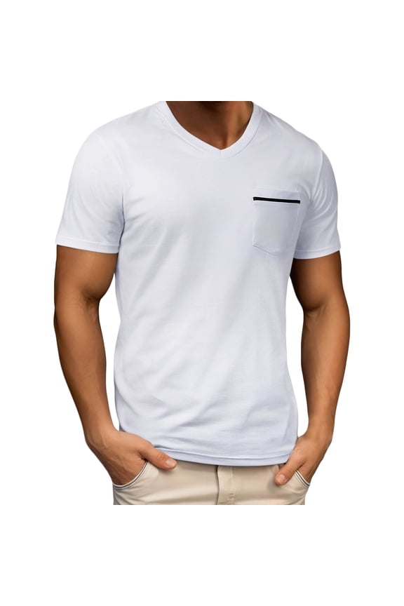 Mens Pullover Shirts Short Sleeve V Neck T Shirts for Men - Modern Fitted Tees Stretchy Work Tee Tops White L