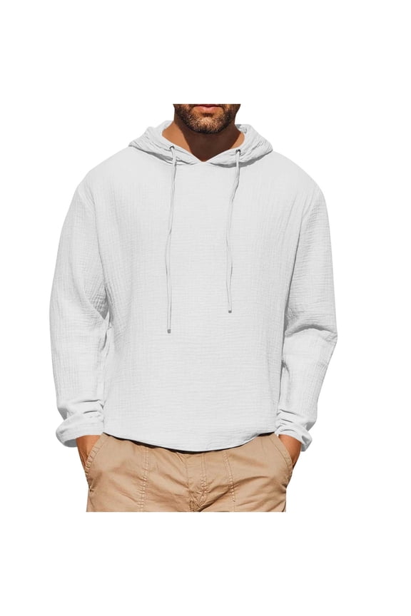Mens Pullover Solid Color Hooded Cotton Linen Long Sleeve Tops With Drawstring