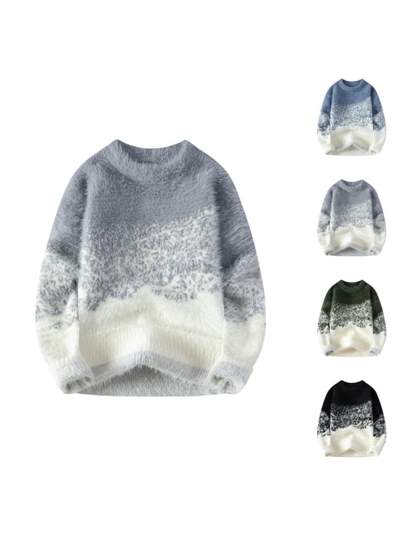 Mens Pullover Sweater Fall Winter Long Sleeve Loose Casual Color Block Crewneck Heavyweight Fuzzy Sweaters