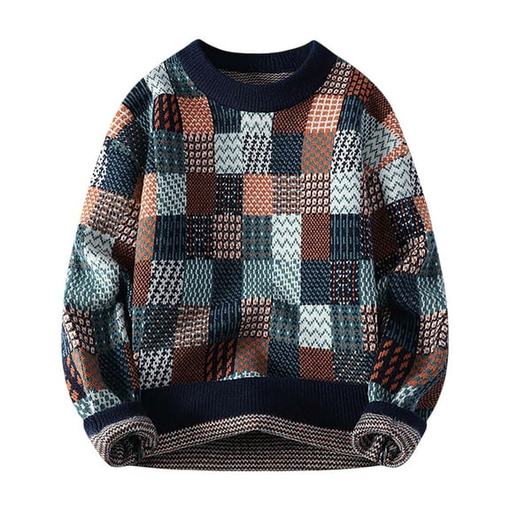 Mens Pullover Sweater Graphic Funny Print Tops Winter Warm Festival Holiday Winter Clothes with Buttons, Navy, Size XL