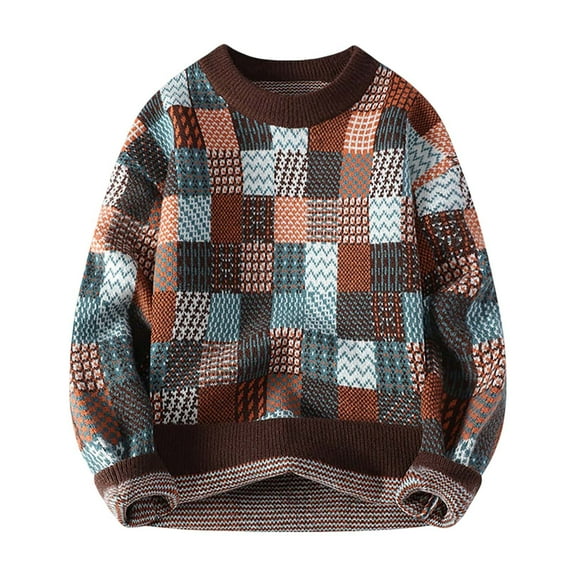 Mens Pullover Sweater Lightweight Patchwork Tops Button Down Festival Holiday Men's Fashion Big and Tall, Coffee, Size XL