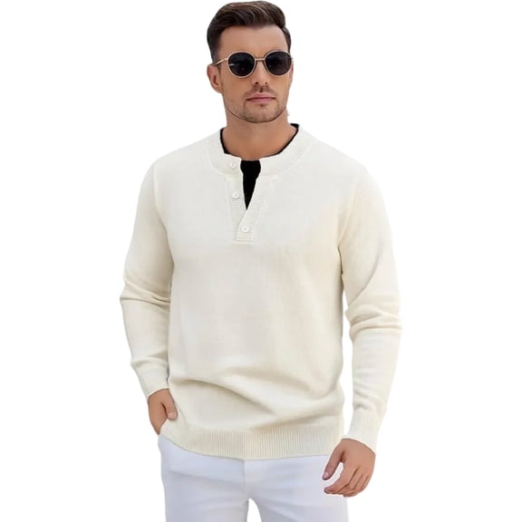 Mens Pullover Sweaters Long Sleeve Knit Quarter Button Sweater Mock Neck Casual Henley Sweater White M