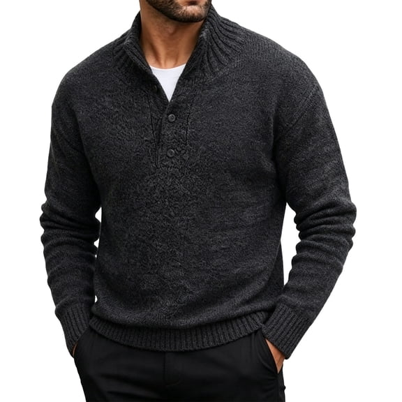 Mens Pullover Sweaters Quarter Button Sweater Stand Collar Knit Pullovers Black M