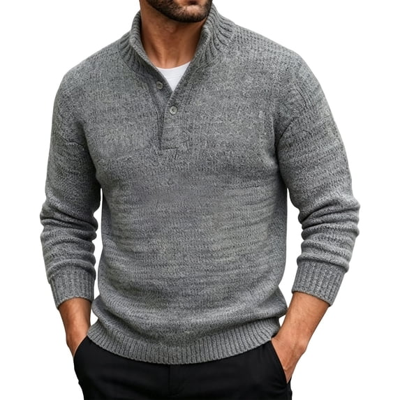 Mens Pullover Sweaters Quarter Button Sweater Stand Collar Knit Pullovers Grey XXXL