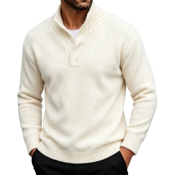 Mens Pullover Sweaters Quarter Button Sweater Stand Collar Knit Pullovers White L