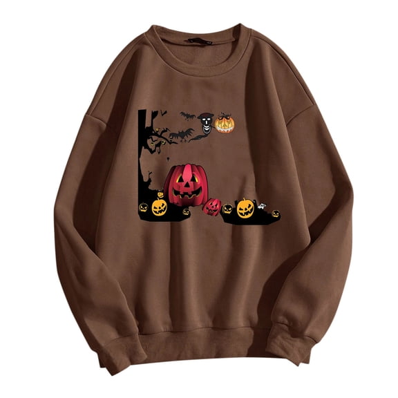 Mens Pullover Tops Solid Color Round Neck Long Sleeve Cute Pumpkin Head Pattern Mes Activewear,Brown,L