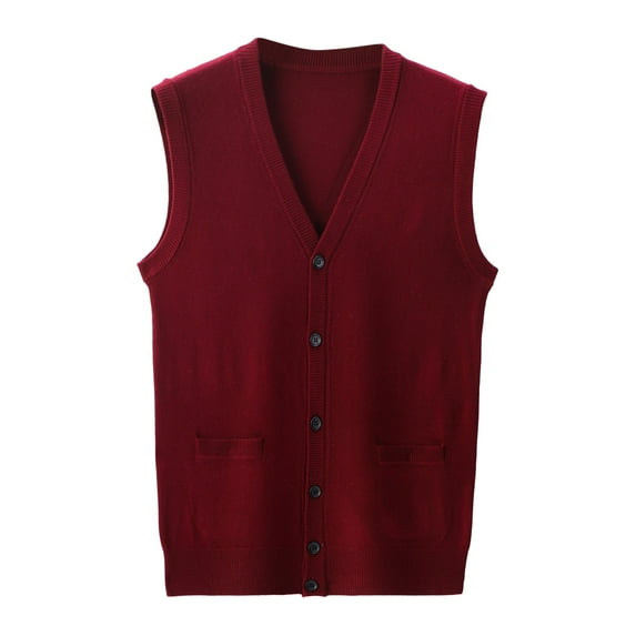 Mens Pullover Vest Buckle V Neck Pure Color Wool Collarless Combined Pocket Mens Fall And Winter Clothing,Wine,3XL