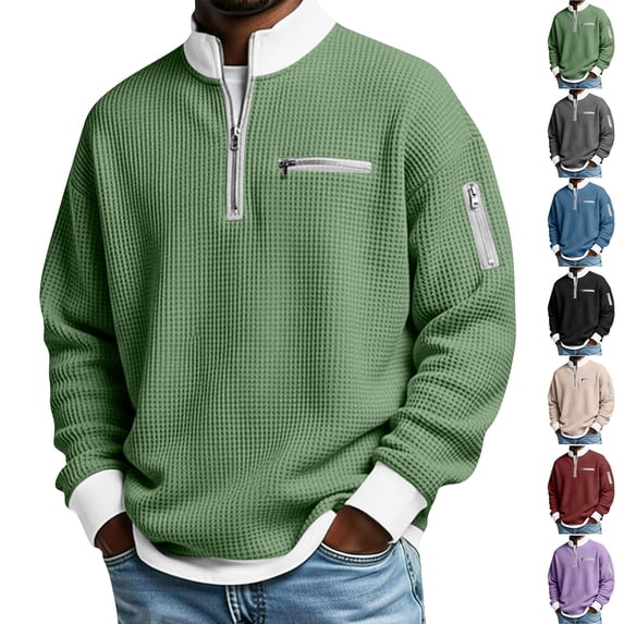 Mens Pullover Waffle Knit Quarter Zip Stand Collar Long Sleeve with Zipper Pockets Casual Tops
