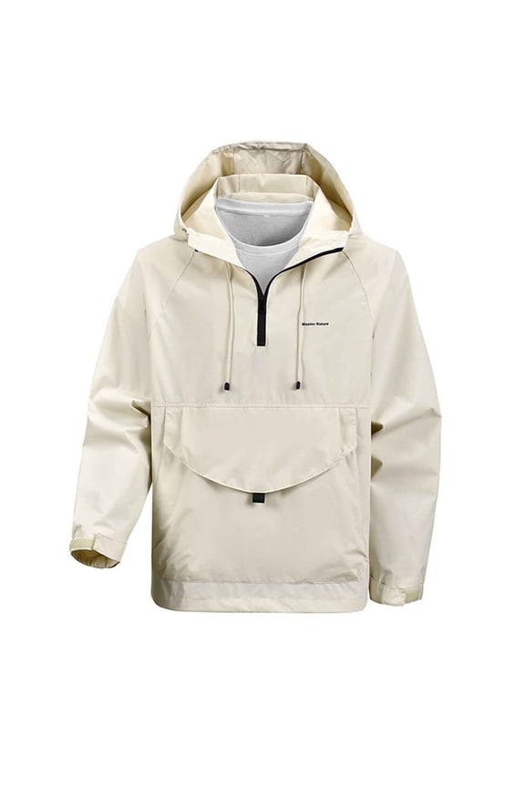 Mens Pullover Windbreaker Jacket Waterproof Hooded Anorak Rain Coat Lightweight Outdoor Hiking Travel Shell Beige XL