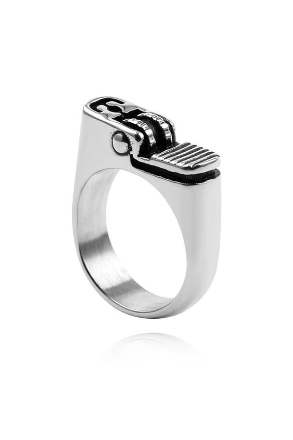 Mens Punk Lighter Style Ring, White Gold Filled with Inlaid Gemstones, Electroplated Silver Finish, Unique Design for Men