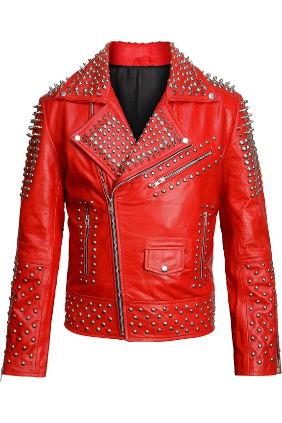 Mens Punk Studded Red Biker Real Leather Gothic Jacket For Halloween